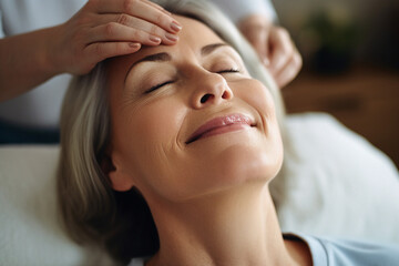 Naklejka premium Ai generative portrait of masseur work manual therapist making anti aging face massage in spa center