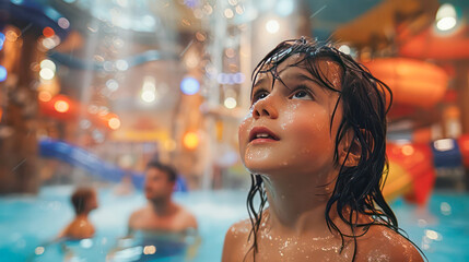 kid and family looking up at in absolute awe at an indoor water park.Generative AI