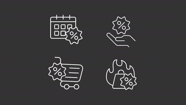 Sales types white line animations. Animated shopping related icons. Special offers. Hot deal. Online shopping. Isolated illustrations on dark background. Transition alpha. HD video. Icon pack
