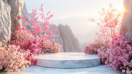 Podium for product presentation in pink flower field. 3d render.Generative AI