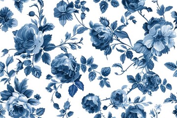 Vintage French Blue Floral design, Vintage-inspired blue floral motif, ideal for nostalgic decor enthusiasts. Seamless pattern, background.