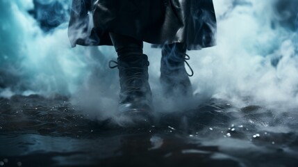 Fototapeta premium Man in Coat and Boots Standing in Smoke. Generative AI.