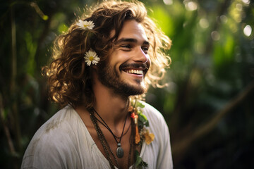 Generative AI illustration of happy children of sun hippie retro people guys celebrating partying on nature