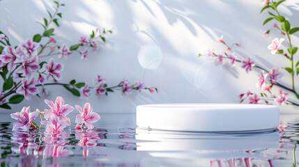 Podium for product presentation in pink flower field. 3d render.Generative AI