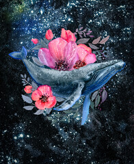 A watercolor whale floats amidst pink flowers in a space filled with water and petals