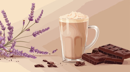 Glass of tasty lavender latte and chocolate on color
