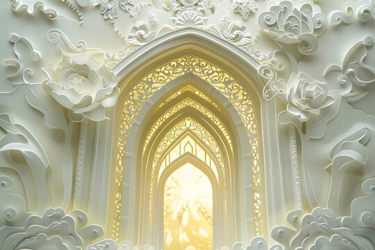 Ethereal gates of heaven crafted in exquisite paper cut technique radiating divine light and peace