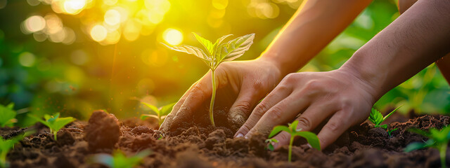 Hand Planting Tree Seedling, Concept of Growth and Environmental Care, Green Nature - obrazy, fototapety, plakaty
