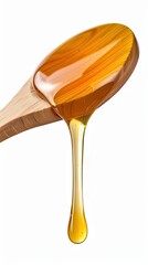 Honey dripping from a wooden honey saber isolated on a white background