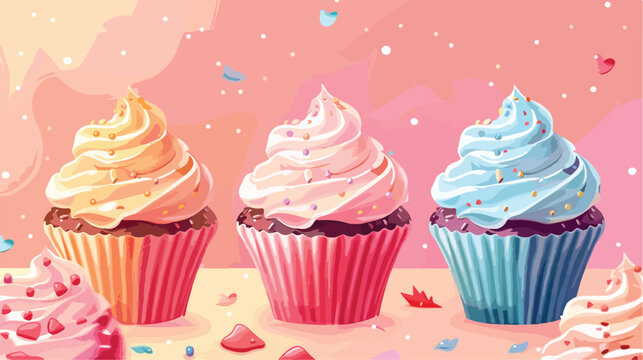 Tasty wedding cupcakes on color background Vector illustration