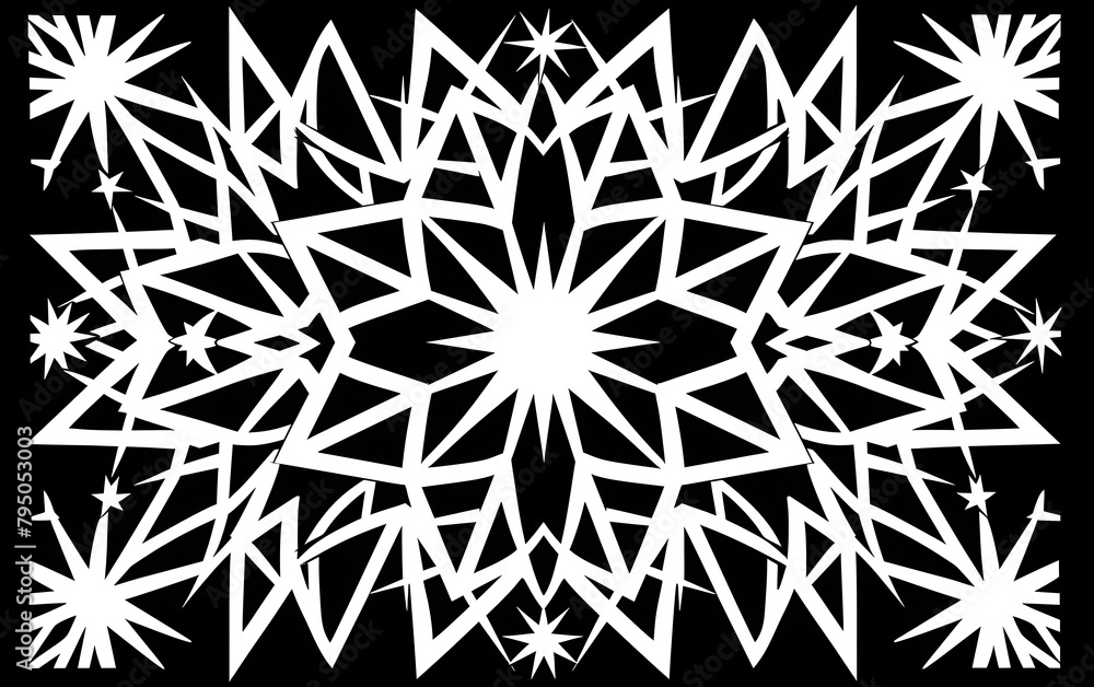 Poster a white geometric pattern with stars and triangles, creating an intricate background for a metal las