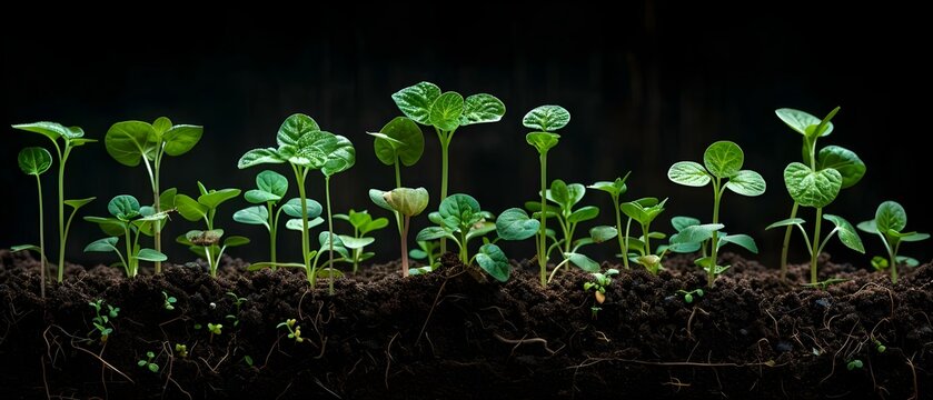Young sprouts in fertile soil demonstrate sustainable agriculture practices like carbon sequestration. Concept Sustainable Agriculture, Young Sprouts, Fertile Soil, Carbon Sequestration