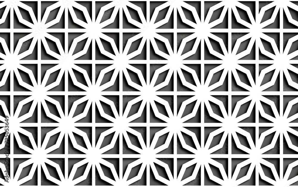 Poster a white geometric pattern with stars and triangles, creating an intricate background for a metal las
