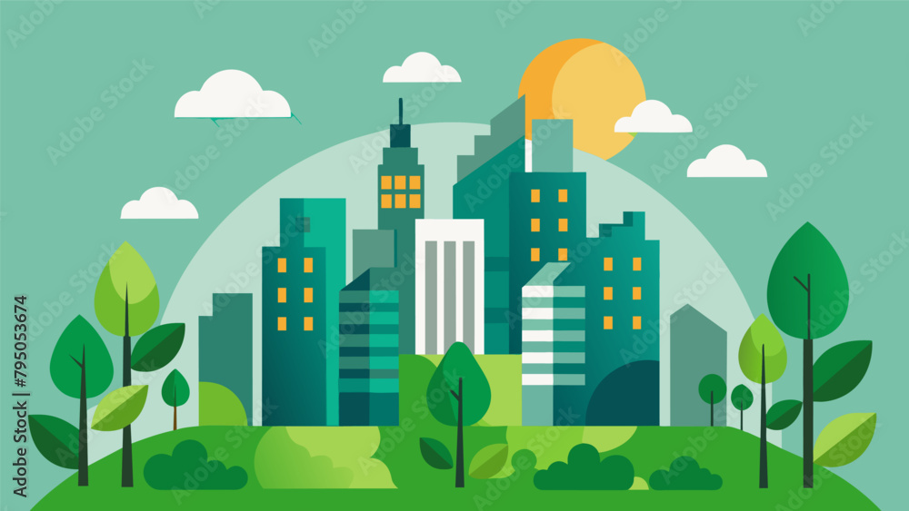 Poster a drawing of a city with trees and green spaces tered throughout with the text urban development wit