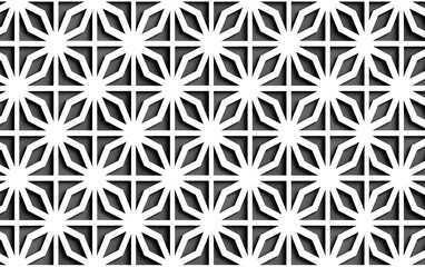 A white geometric pattern with stars and triangles, creating an intricate background for a metal laser cut wall panel design The pattern is symmetrical on a black background A detailed vector