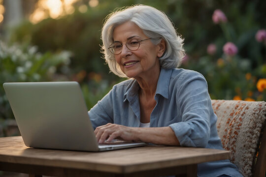 &Auml;ltere Frau mit Brille arbeitet an einem Laptop im Garten, umgeben von Natur und Blumen