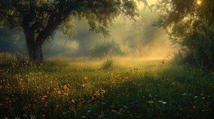 A tranquil meadow bathed in the soft light of dawn, a sanctuary of peace and serenity amidst the chaos of the world.