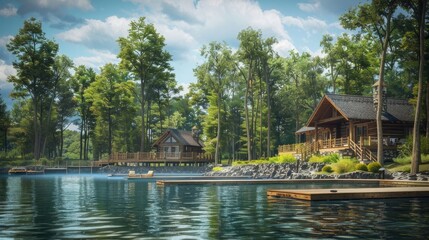 Obraz premium A tranquil lakeside retreat surrounded by towering trees and shimmering waters, its rustic cabins and wooden docks inviting visitors to unwind and reconnect with nature.