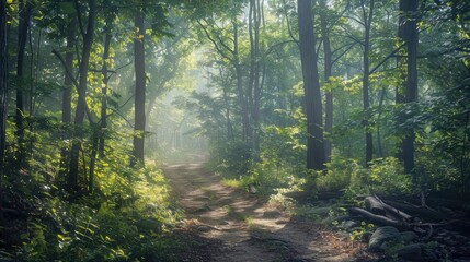 A tranquil morning hike through lush forest trails, with hikers enjoying the fresh air and serene...