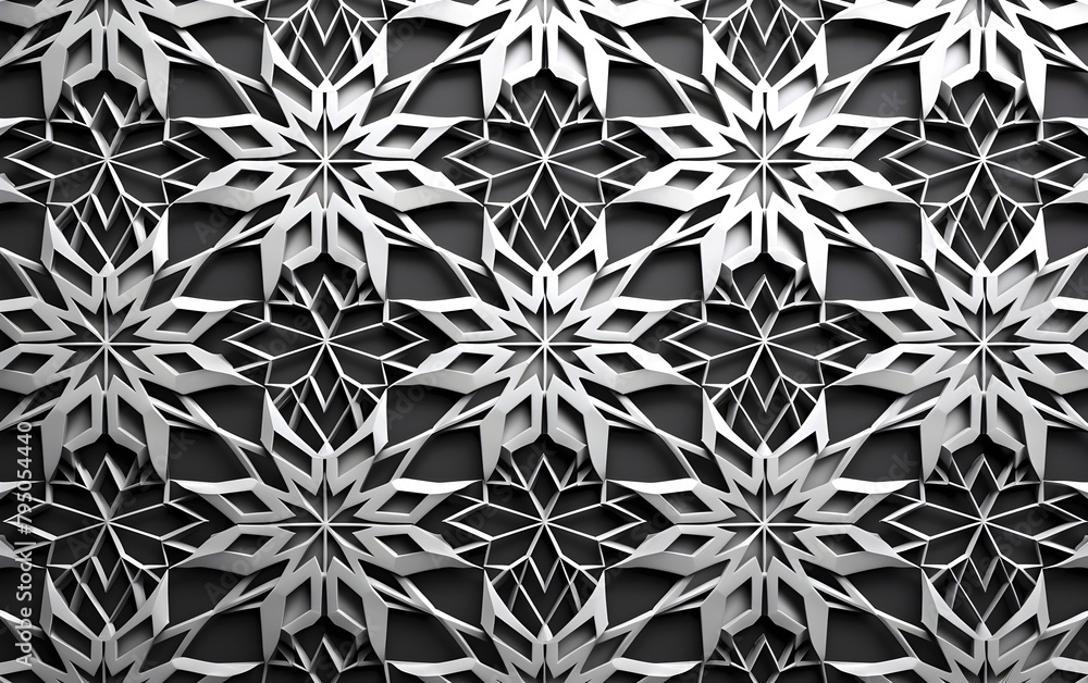 Poster a white geometric pattern with stars and triangles, creating an intricate background for a metal las