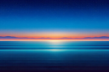 Starry night fades into dawn over a peaceful ocean. Gradient sky, from deep blue night to warm dawn hues