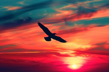 Silhouettes of birds flying in the sunset