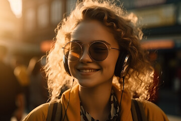 Girl with sunglasses and headphones enjoys summer