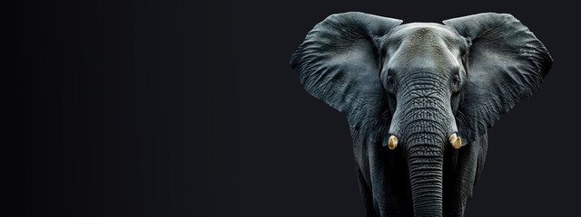 An elephant isolated on a black background, wide horizontal panoramic banner , copy space.