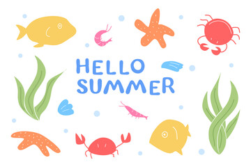 Naklejka premium Composition of marine animals and algae. Vector starfish and shrimp, crabs and shells, fish. Creatures of the ocean floor, marine underwater plants, mollusks. Illustration in flat style