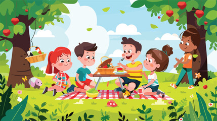Group of children having picnic on summer day Vector
