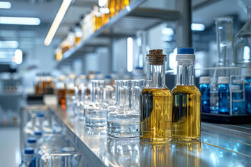Glass vessels and bottles in a chemical laboratory