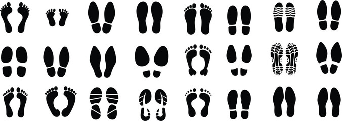 Footprints human silhouette vector set. Shoe sole print collection. Foot print tread, boots, sneakers. Impression icon barefoot Footsteps female, man and children. - obrazy, fototapety, plakaty