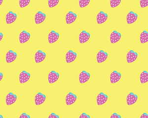 Seamless pattern with pink strawberries on a bright yellow background, hand drawn. Colorful tasty berries. Vector illustration for print and design in flat style. The concept of proper nutrition.