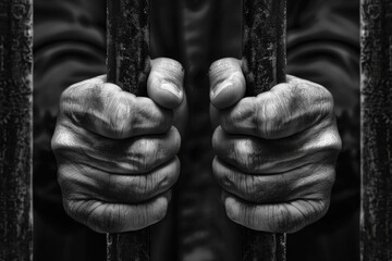 Male criminal in a prison cell holding on to bars - obrazy, fototapety, plakaty