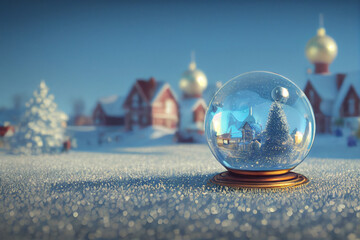 Empty glass ball on the snow 3d illustration, christmas transparent ornament on blue background, realistic abstract sphere in snow