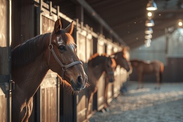 Brown horses in the stable - obrazy, fototapety, plakaty