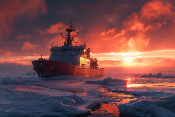 Icebreaker in the arctic waters at sunset - obrazy, fototapety, plakaty
