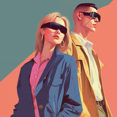 Illustration of a young couple wearing VR. Virtual reality concept. Retro characters