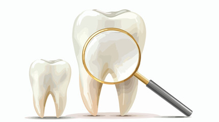 Tooth with plaque and magnifying glass on white background