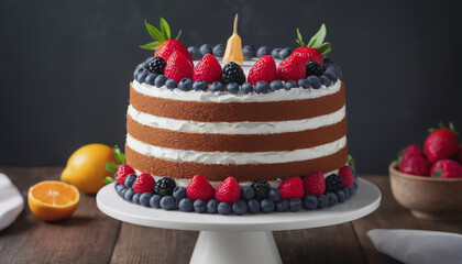 Delicious chocolate dessert with fruits. cake day. Birthday cake for mom on Valentine's Day