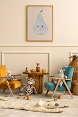 Interior design of kids room with mock up poster frame, round wooden table, blue, orange armchair,...