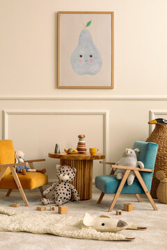Interior design of kids room with mock up poster frame, round wooden table, blue, orange armchair, plush toys, animal rug, wooden blockers, wicker basket and personal accessories. Home decor. Template