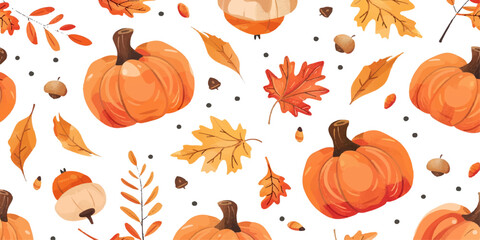 Autumn seamless pattern with pumpkins, acorns and autumn leaves on a white background