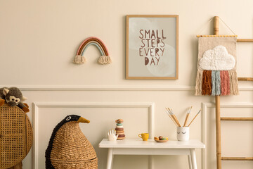 Interior design of children room interior with mock up poster frame, white desk, animal wicker basket, rattan sideboard, plush toys, wooden block and personal accessories. Home decor. Template.