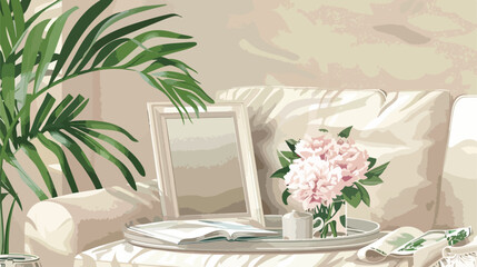 Tray with peony flower blank photo frame and magazine