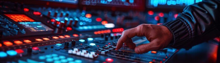 DJ mixing music on a digital mixer with sound synthesizers