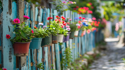Obraz premium A fence on which rows of flower pots are fixed from the inside