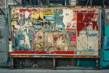Weathered billboard covered in torn posters and graffiti