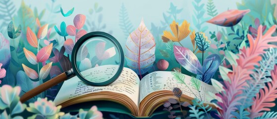 Open book with magnifying glass on illustrated colorful foliage background - obrazy, fototapety, plakaty