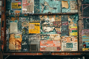 Weathered billboard covered in torn posters and graffiti